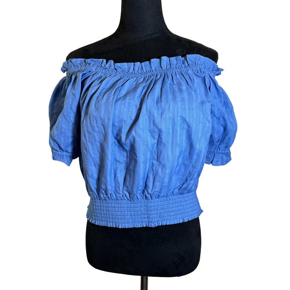 1STATE Shoulder Smocked Top Ruffle Blue Short Sleeve Blouse Top Size XL  runs sm